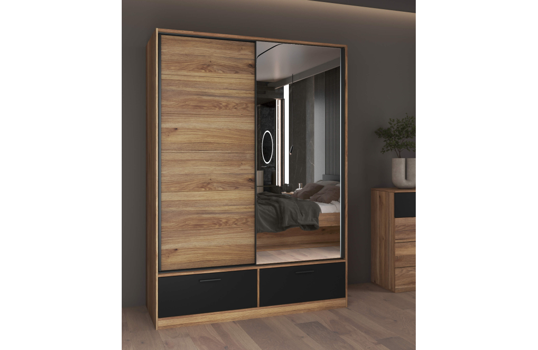 Armoire ORION 2 portes et 2 tiroirs avec miroir 150cm