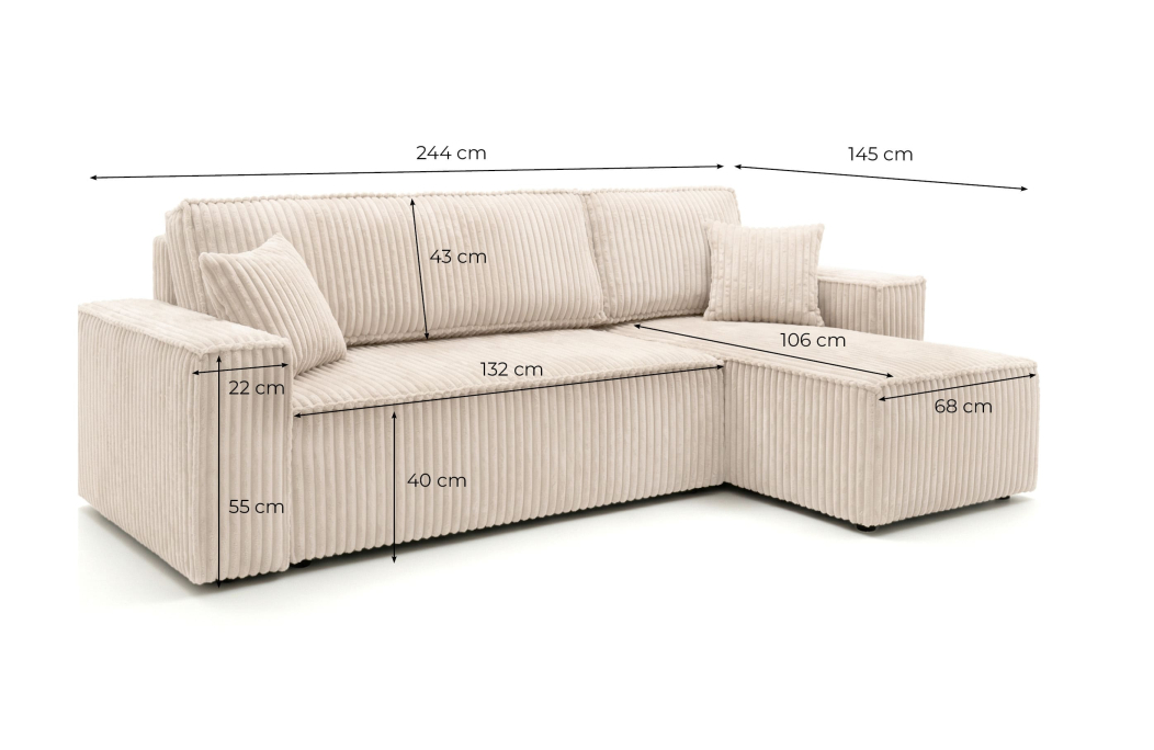 Canapé d'angle convertible et réversible 4 places FARAH en velours cotelé épais