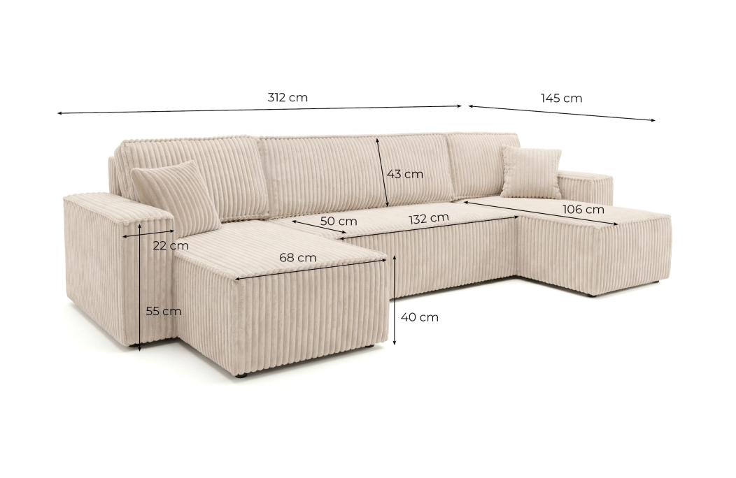 Canapé d'angle panoramique convertible 6 places FARAH en velours cotelé épais