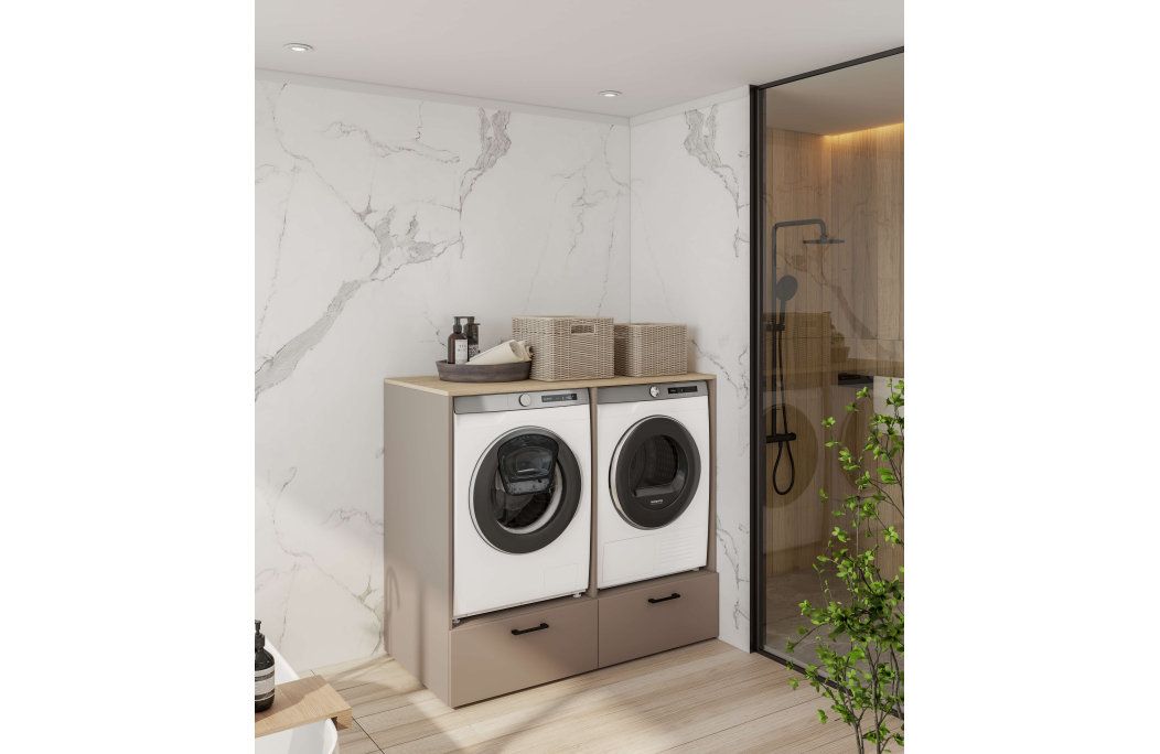 Meuble de buanderie ELISEO 2 niches et 2 tiroirs en panneaux de particules mélaminés