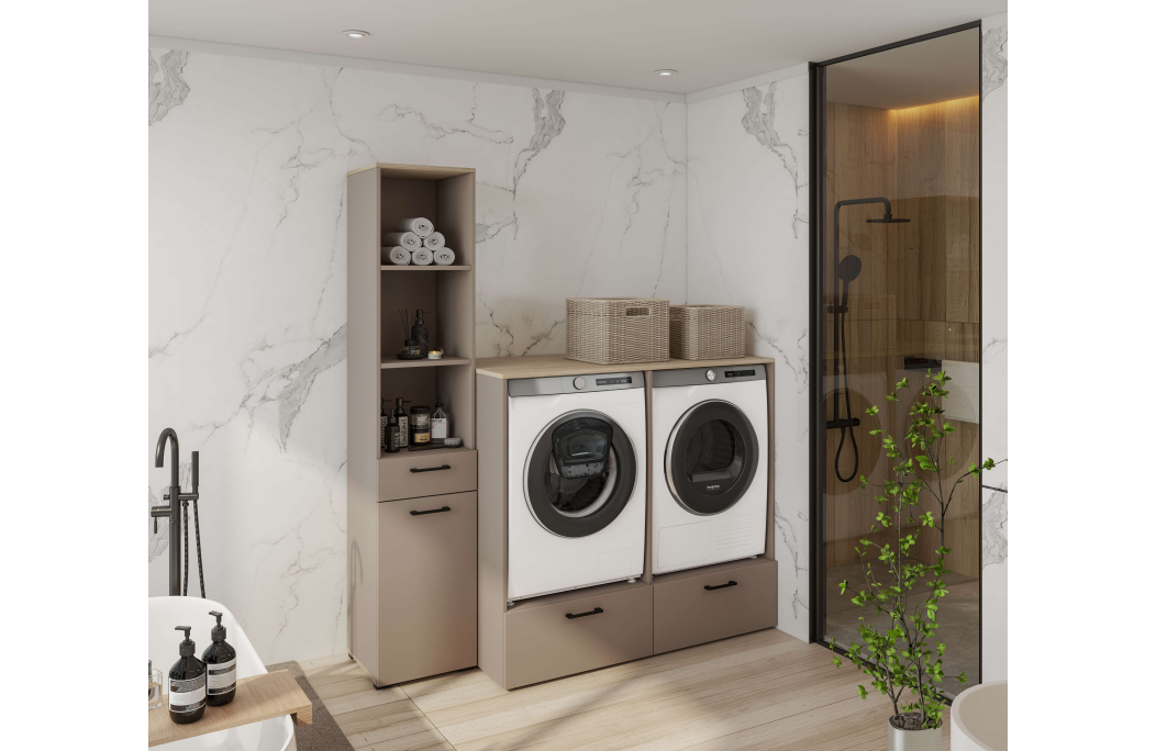 Meuble de buanderie ELISEO 2 niches et 2 tiroirs en panneaux de particules mélaminés