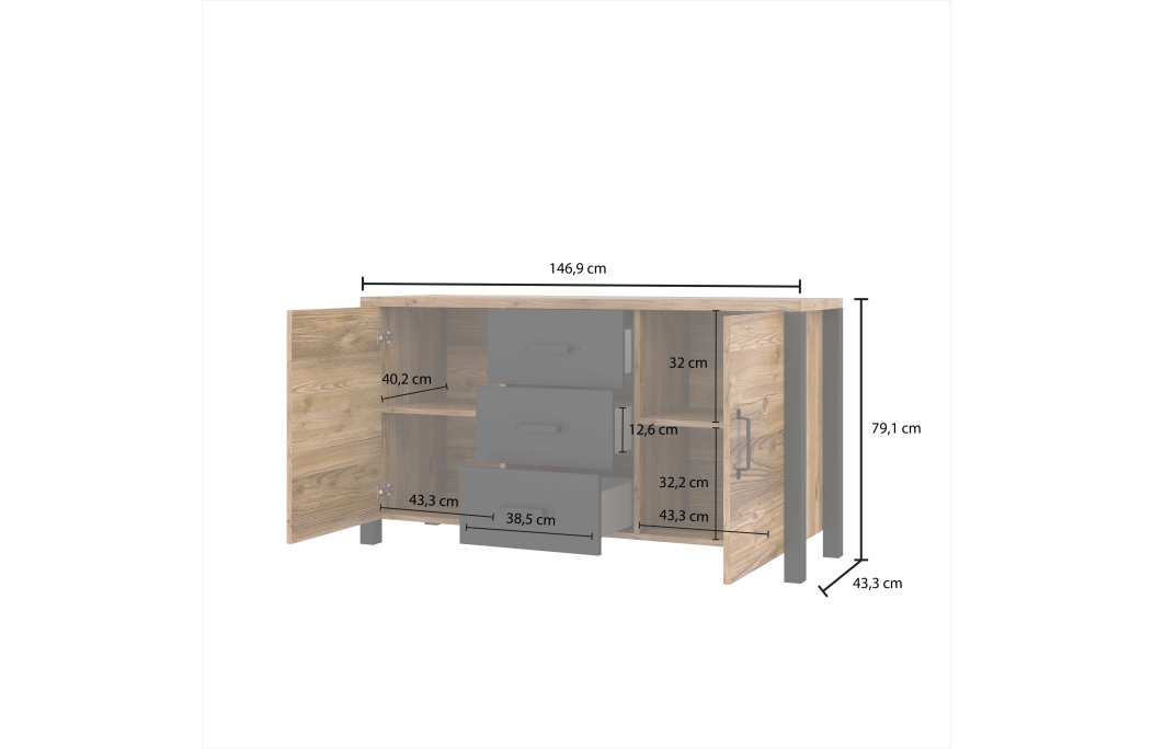 Buffet SOLAN avec 2 portes et 3 tiroirs