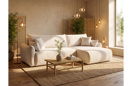 Canapé d’angle APOLINE réversible convertible 4 places avec coffre en tissu bouclette