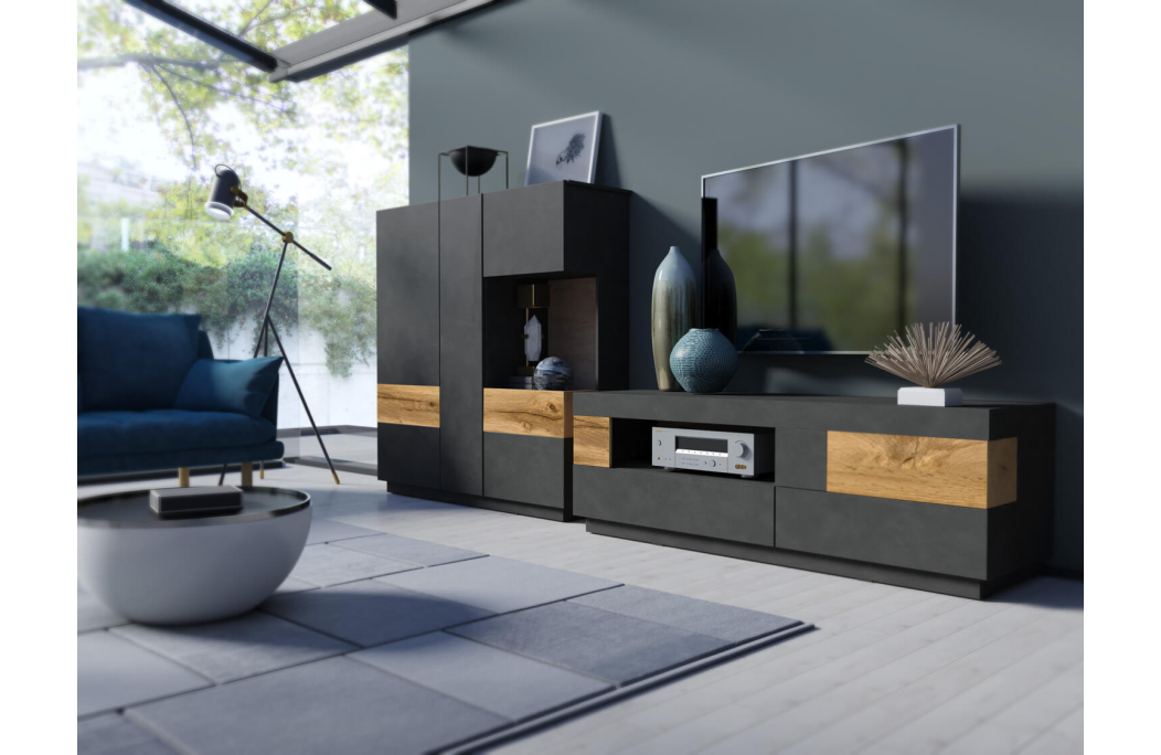 Meuble TV LUMINA 2 tiroirs et 1 abattant en panneaux mélaminés