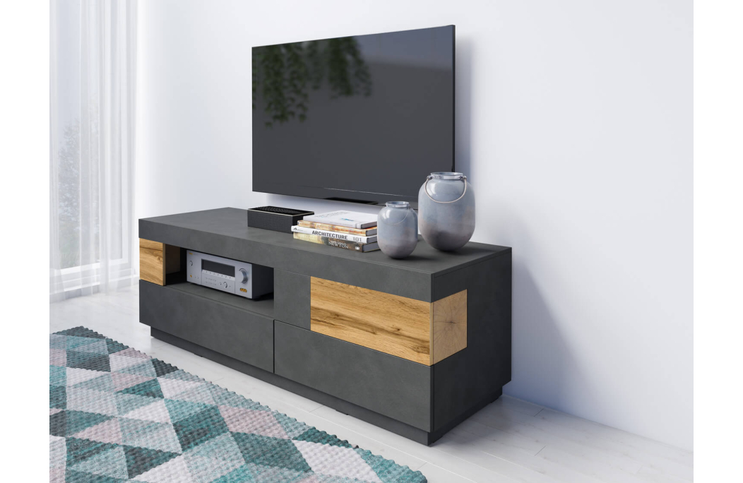 Meuble TV LUMINA 2 tiroirs et 1 abattant en panneaux mélaminés