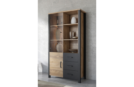 Vitrine SOLAN avec 2 portes dont 1 vitrée et 3 tiroirs