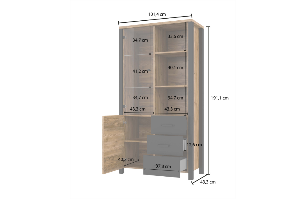 Vitrine SOLAN avec 2 portes dont 1 vitrée et 3 tiroirs