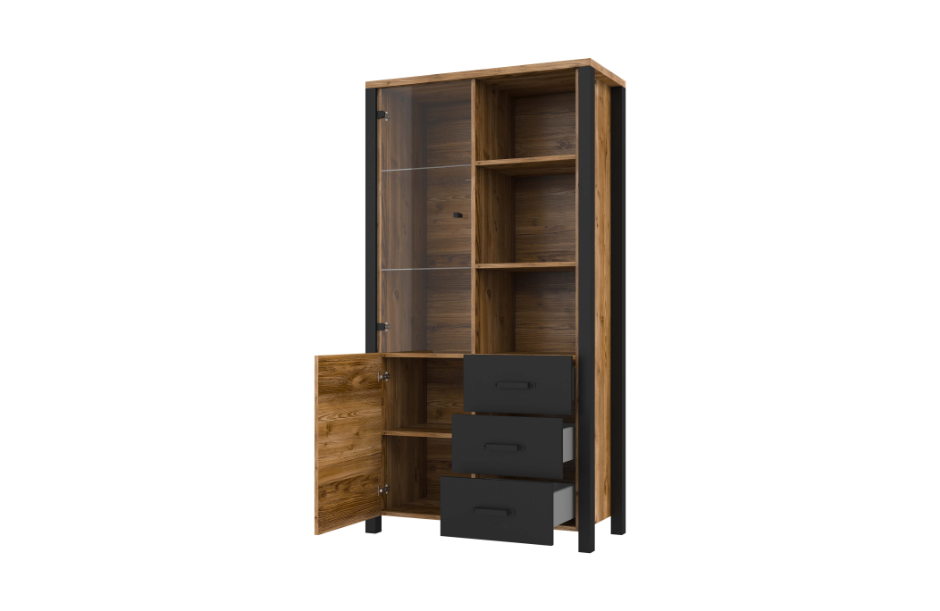 Vitrine SOLAN avec 2 portes dont 1 vitrée et 3 tiroirs