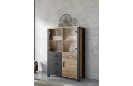 Vitrine SOLAN avec 3 portes dont 2 vitrées et 3 tiroirs