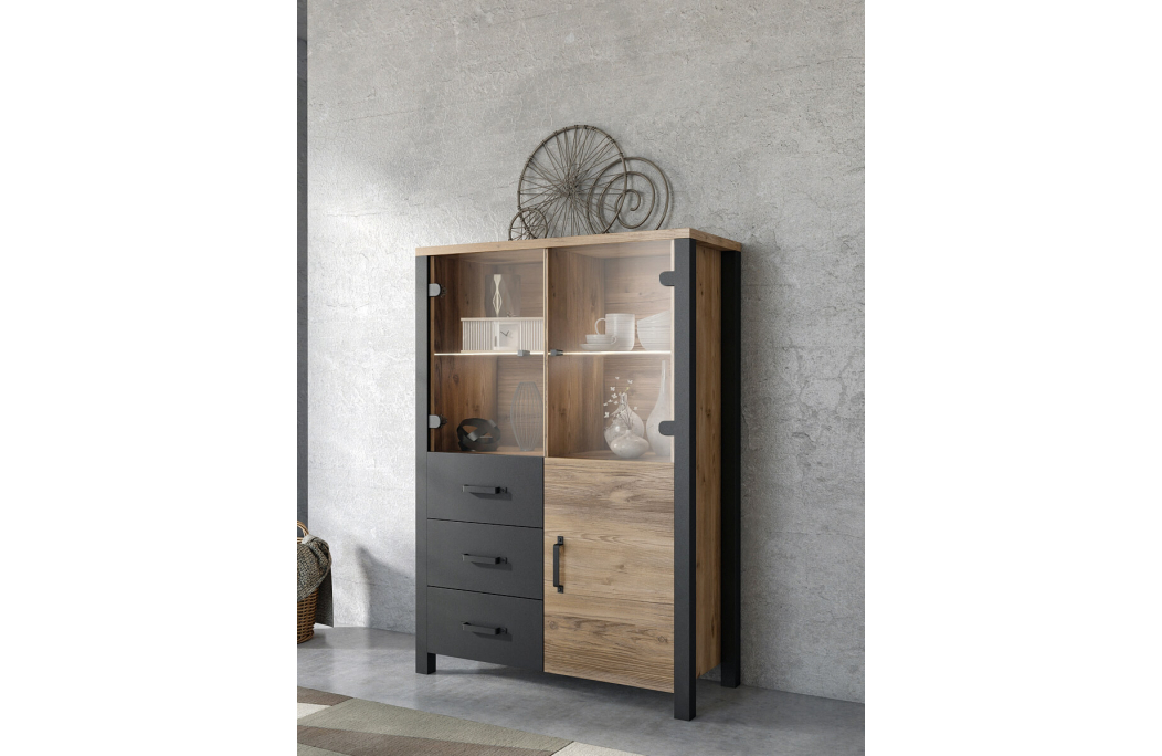 Vitrine SOLAN avec 3 portes dont 2 vitrées et 3 tiroirs