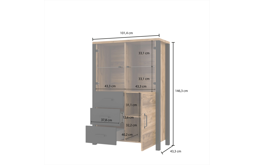 Vitrine SOLAN avec 3 portes dont 2 vitrées et 3 tiroirs