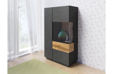 Vitrine LUMINA 2 portes dont 1 vitrée à droite en panneaux mélaminés - Hauteur 139cm