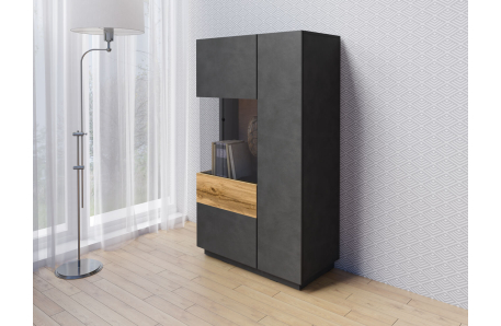 Vitrine LUMINA 2 portes dont 1 vitrée à gauche en panneaux mélaminés - Hauteur 139cm