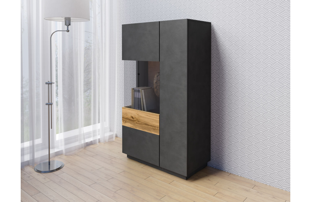 Vitrine LUMINA 2 portes dont 1 vitrée à gauche en panneaux mélaminés - Hauteur 139cm