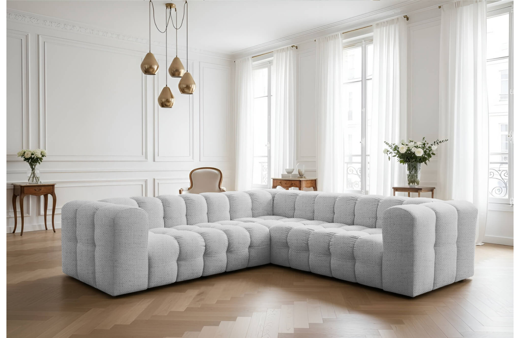 Canapé d’angle réversible MILOE 4 places avec accoudoirs en tissu