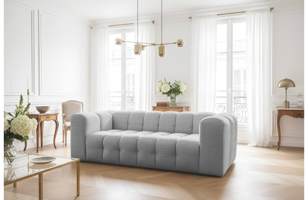 Canapé droit MILOE 3 places fixe avec accoudoirs en tissu