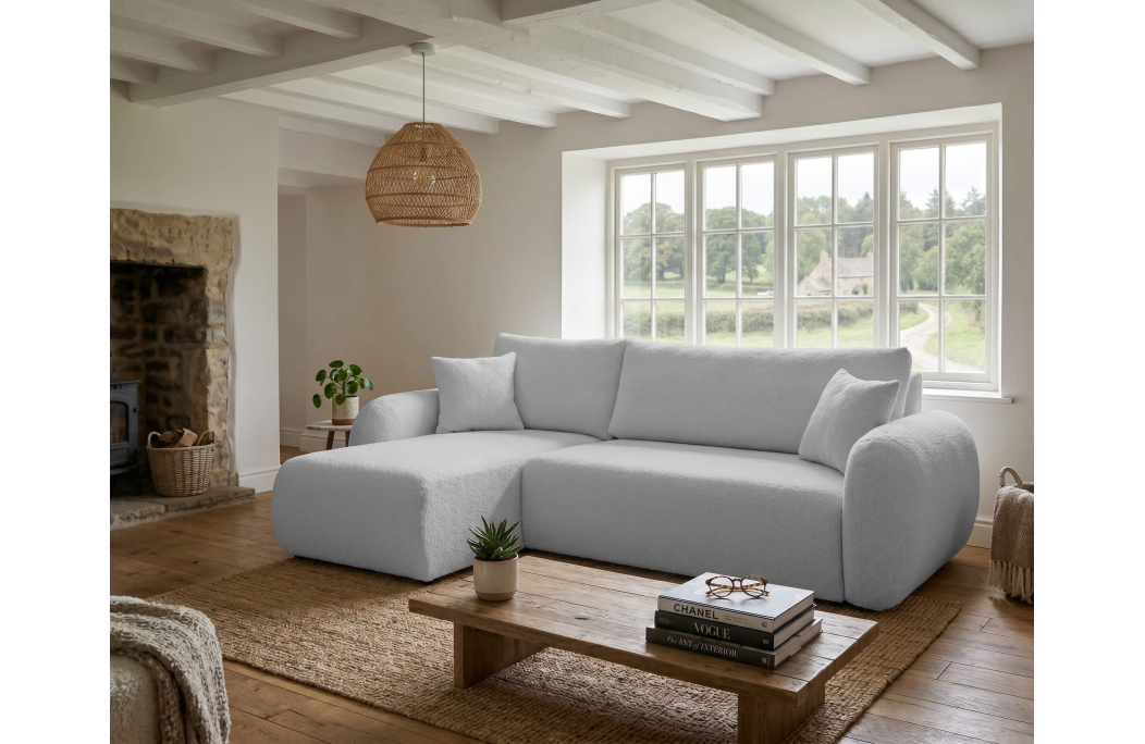 Canapé d'angle ALYA convertible réversible avec rangement en tissu bouclette