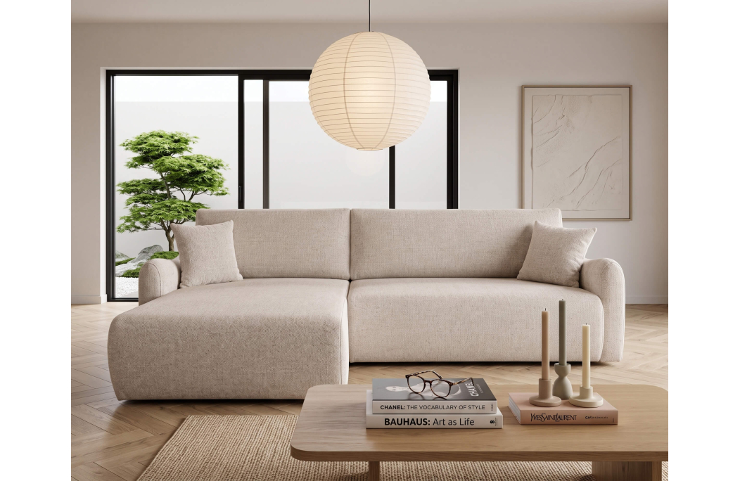 Canapé d'angle réversible APOLINE convertible avec coffre en tissu
