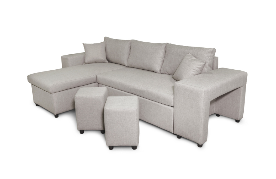 Canapé d'angle MADY convertible avec coffre, accoudoir étagère et poufs en tissu