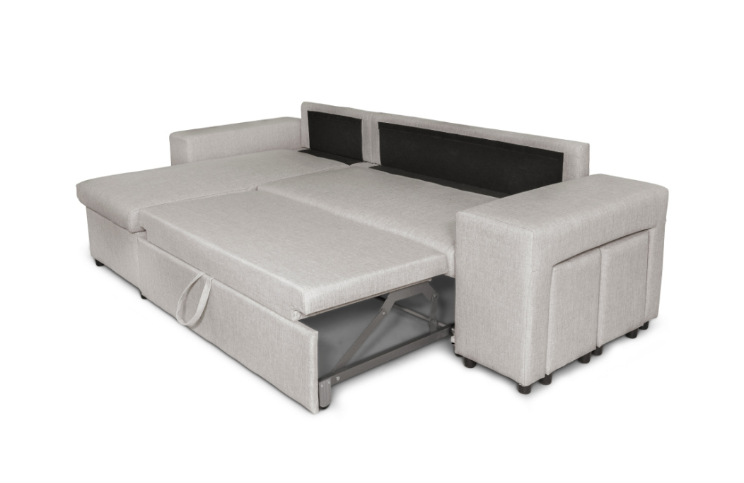 Canapé d'angle MADY convertible avec coffre, accoudoir étagère et poufs en tissu