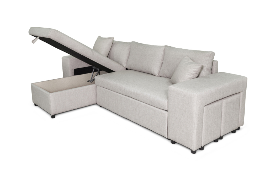 Canapé d'angle MADY convertible avec coffre, accoudoir étagère et poufs en tissu