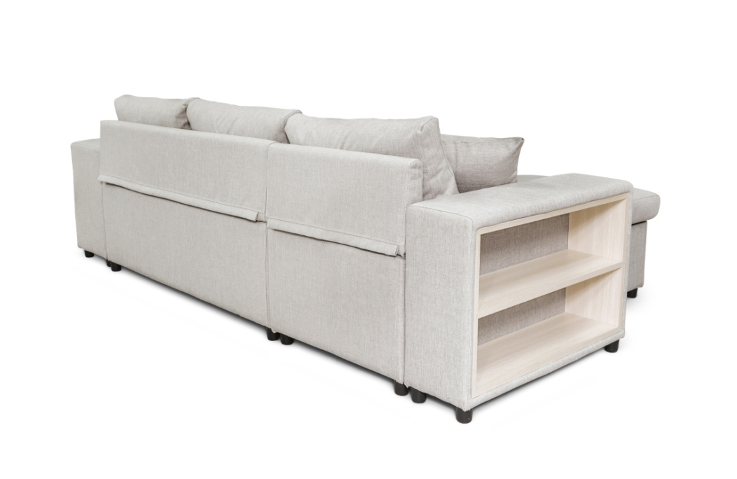 Canapé d'angle MADY convertible avec coffre, accoudoir étagère et poufs en tissu