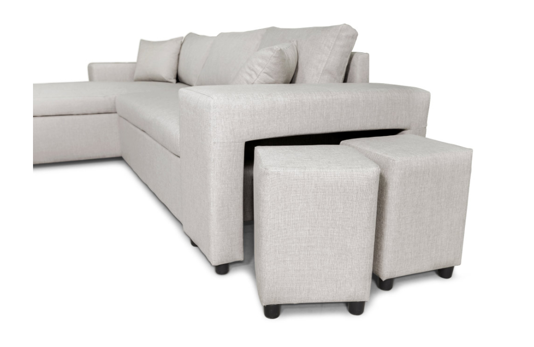Canapé d'angle MADY convertible avec coffre, accoudoir étagère et poufs en tissu