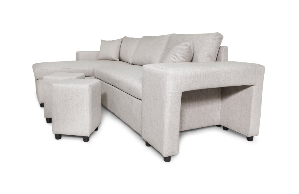 Canapé d'angle MADY convertible avec coffre, accoudoir étagère et poufs en tissu
