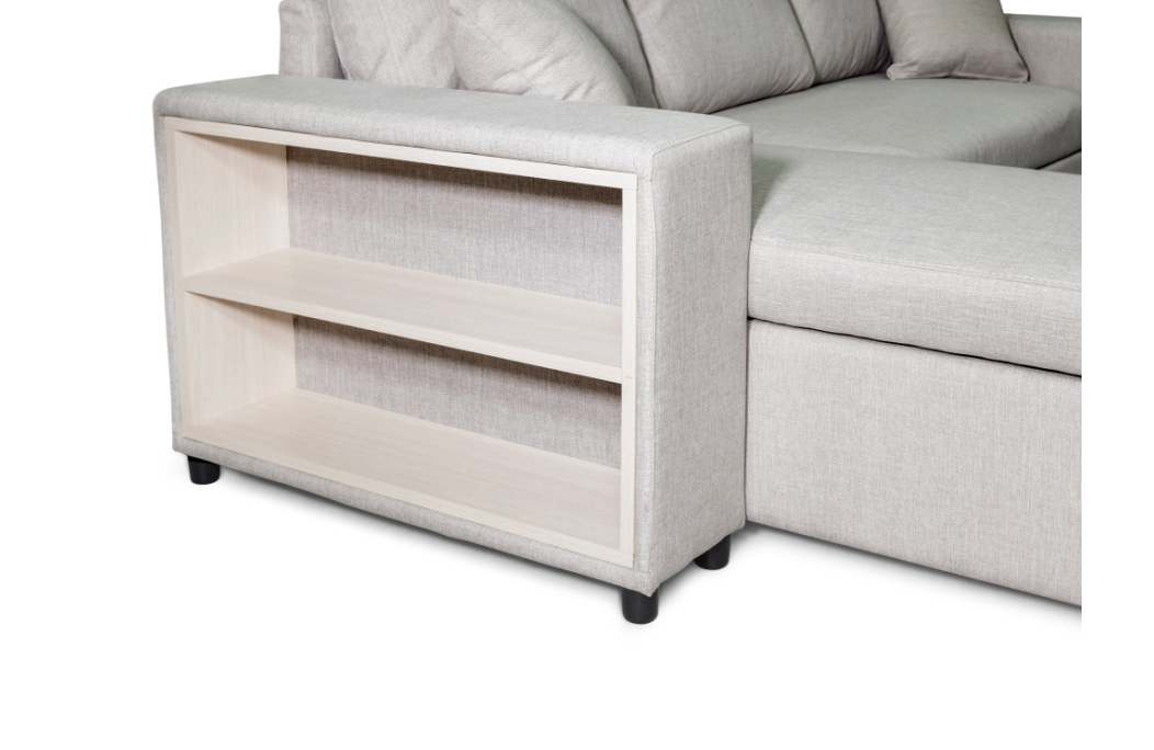 Canapé d'angle MADY convertible avec coffre, accoudoir étagère et poufs en tissu