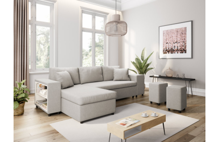 Canapé d'angle MADY convertible avec coffre, accoudoir étagère et poufs en tissu