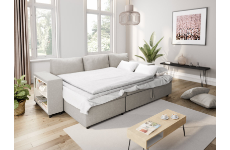 Canapé d'angle MADY convertible avec coffre, accoudoir étagère et poufs en tissu