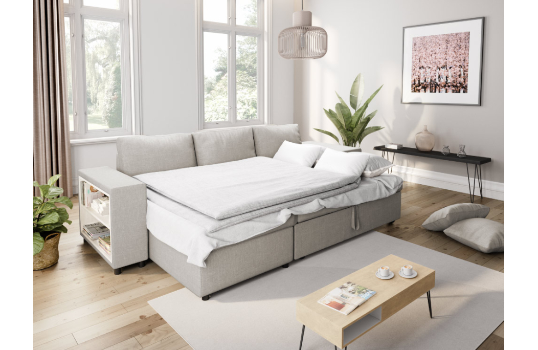 Canapé d'angle MADY convertible avec coffre, accoudoir étagère et poufs en tissu