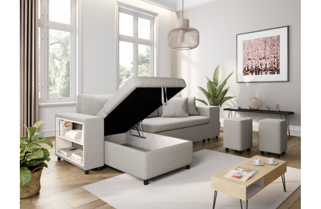 Canapé d'angle MADY convertible avec coffre, accoudoir étagère et poufs en tissu