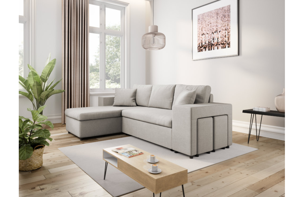 Canapé d'angle MADY convertible avec coffre, accoudoir étagère et poufs en tissu