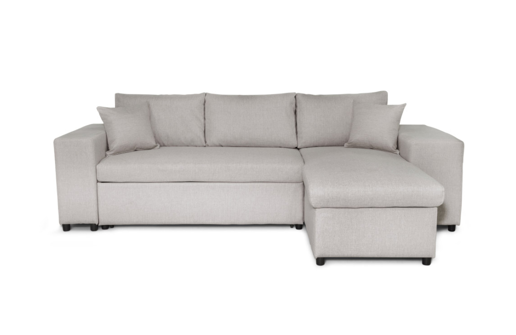 Canapé d'angle MADY convertible avec coffre, accoudoir étagère et poufs en tissu