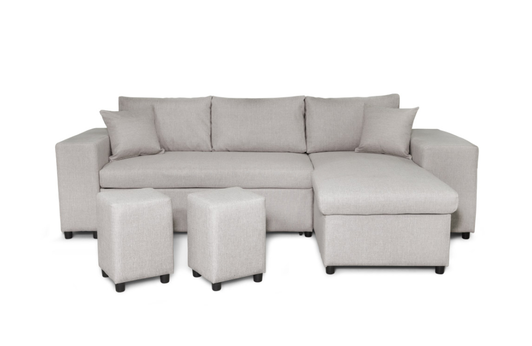 Canapé d'angle MADY convertible avec coffre, accoudoir étagère et poufs en tissu