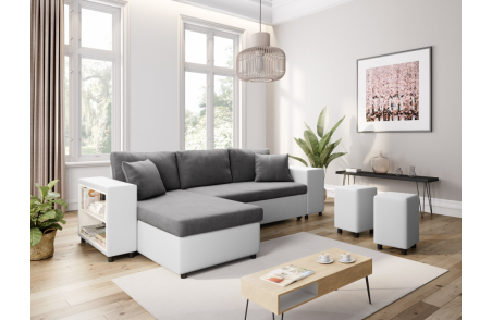 Canapé d'angle MADY convertible avec coffre, accoudoir étagère et poufs en simili et microfibre