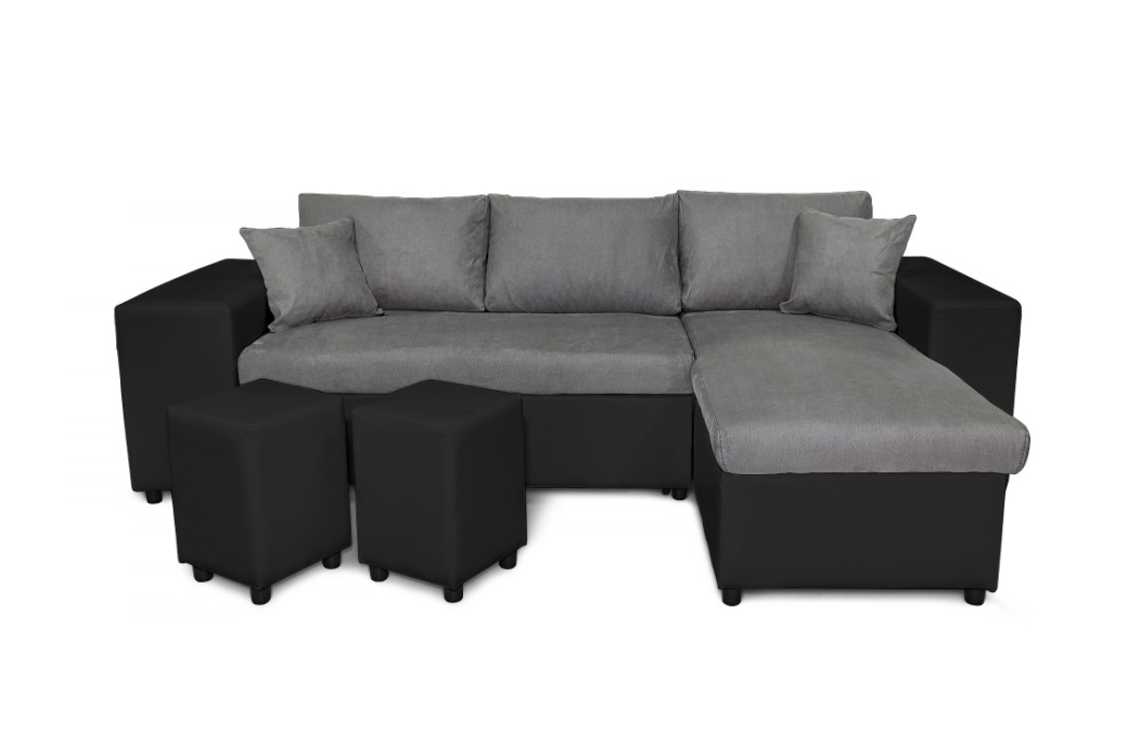Canapé d'angle MADY convertible avec coffre, accoudoir étagère et poufs en simili et microfibre