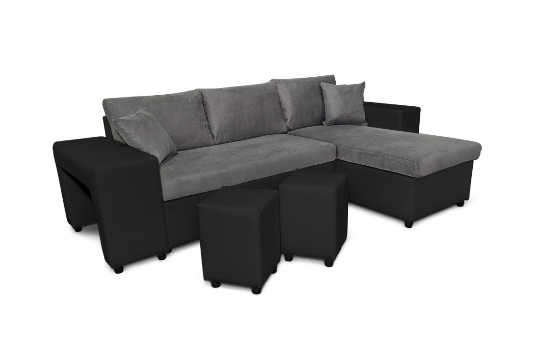 Canapé d'angle MADY convertible avec coffre, accoudoir étagère et poufs en simili et microfibre