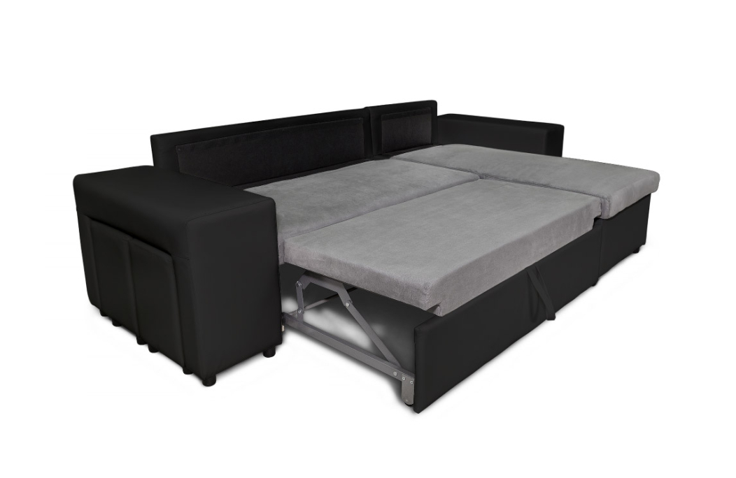 Canapé d'angle MADY convertible avec coffre, accoudoir étagère et poufs en simili et microfibre