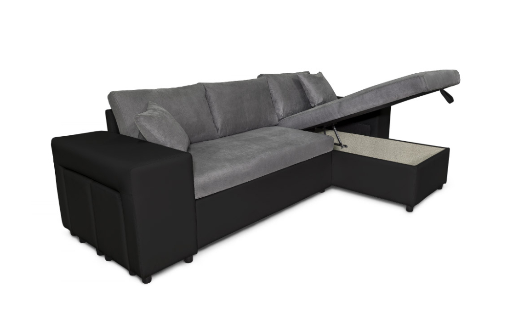 Canapé d'angle MADY convertible avec coffre, accoudoir étagère et poufs en simili et microfibre