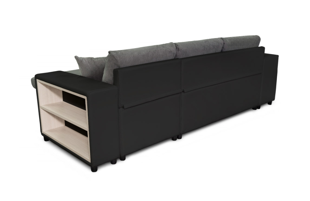 Canapé d'angle MADY convertible avec coffre, accoudoir étagère et poufs en simili et microfibre