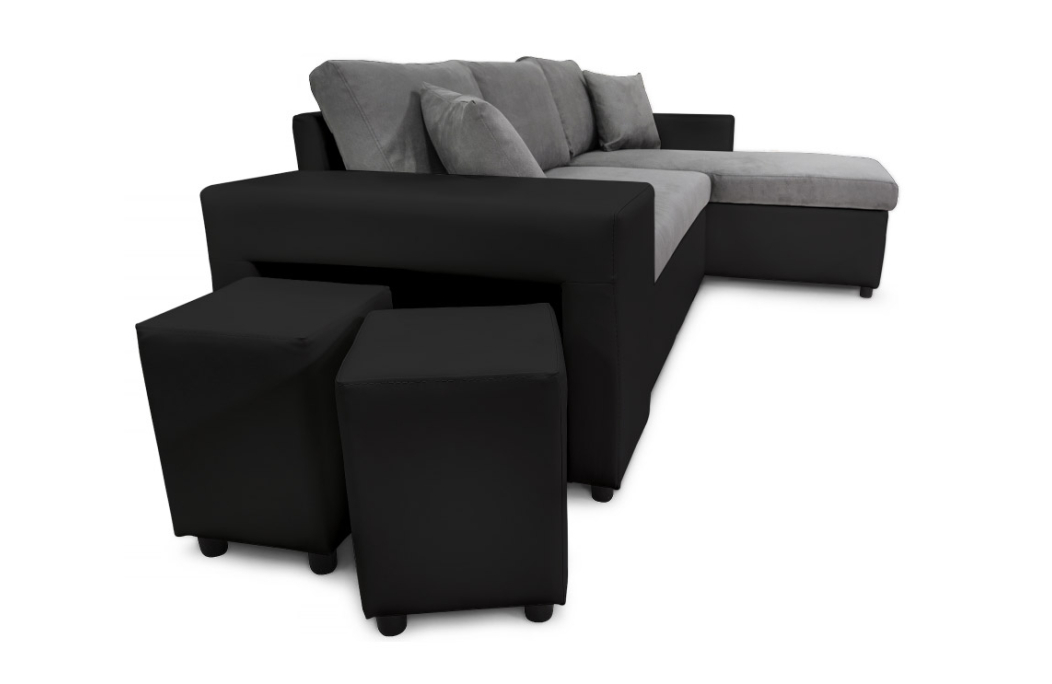 Canapé d'angle MADY convertible avec coffre, accoudoir étagère et poufs en simili et microfibre