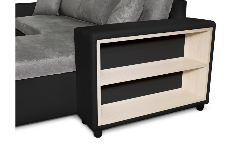 Canapé d'angle MADY convertible avec coffre, accoudoir étagère et poufs en simili et microfibre