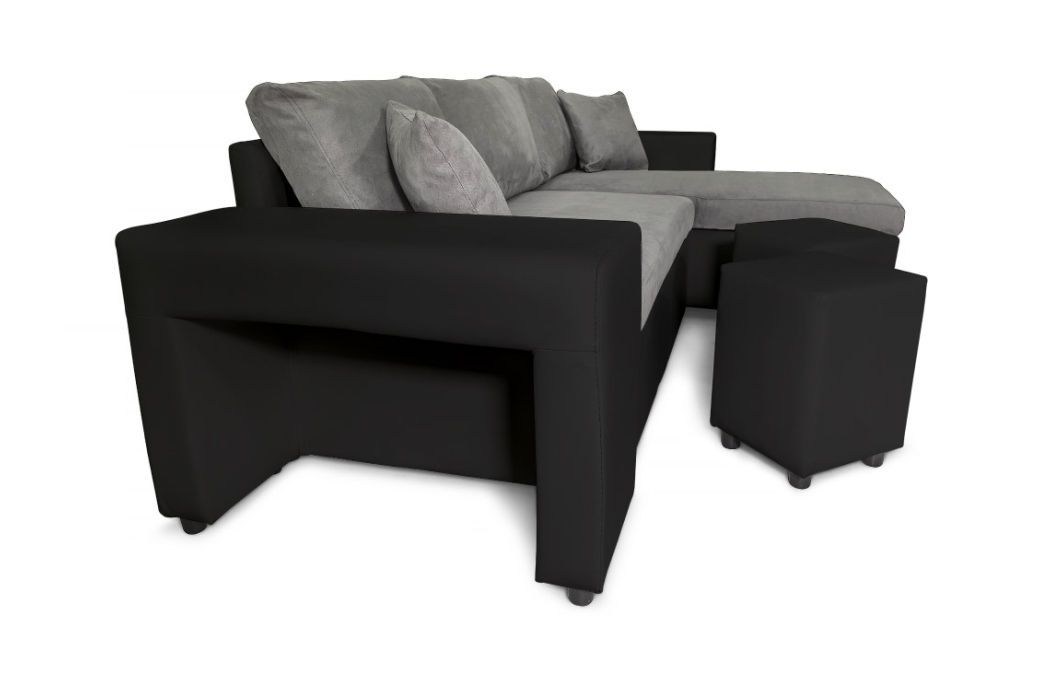 Canapé d'angle MADY convertible avec coffre, accoudoir étagère et poufs en simili et microfibre