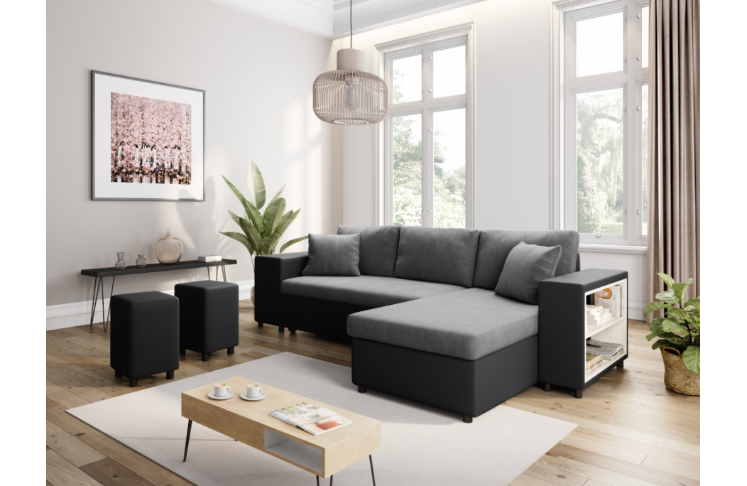 Canapé d'angle MADY convertible avec coffre, accoudoir étagère et poufs en simili et microfibre