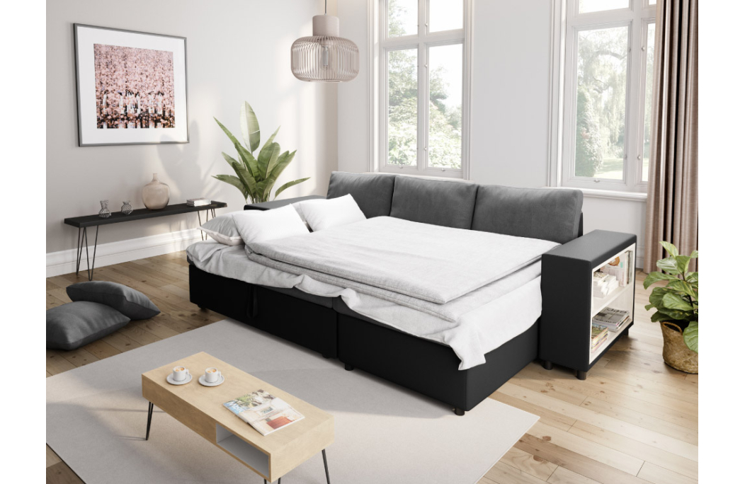 Canapé d'angle MADY convertible avec coffre, accoudoir étagère et poufs en simili et microfibre
