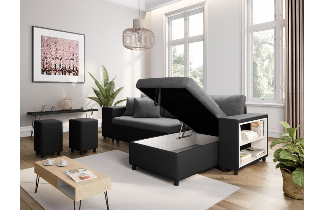 Canapé d'angle MADY convertible avec coffre, accoudoir étagère et poufs en simili et microfibre