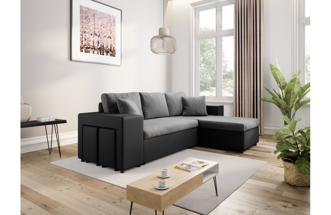 Canapé d'angle MADY convertible avec coffre, accoudoir étagère et poufs en simili et microfibre