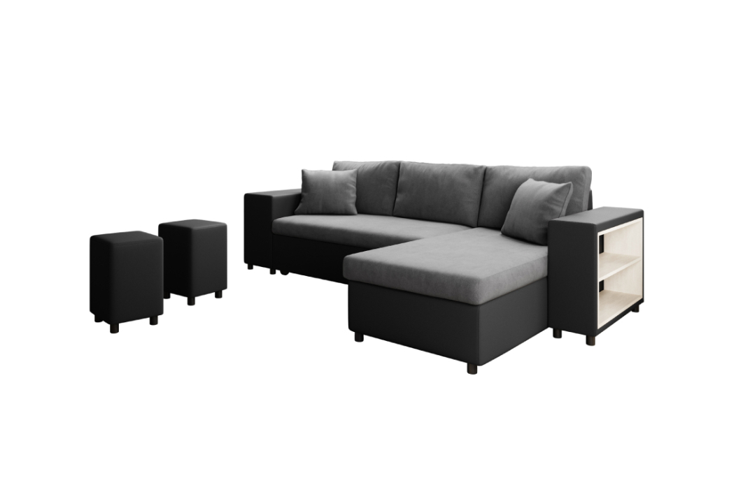 Canapé d'angle MADY convertible avec coffre, accoudoir étagère et poufs en simili et microfibre